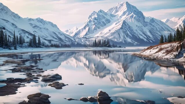A captivating painting showcasing a snowy mountain range with a serene lake in the foreground, An Alaskan landscape with snow-covered mountains and a tranquil lake, AI Generated