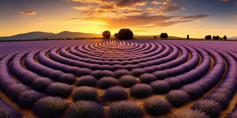 Fototapeta na wymiar sunset over circle lavender field with purple flowers and orange sky in background, photography, nature, landscape, provence