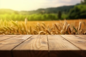 Obraz premium The empty wooden table top with blur background of wheat farm. Exuberant image. generative AI