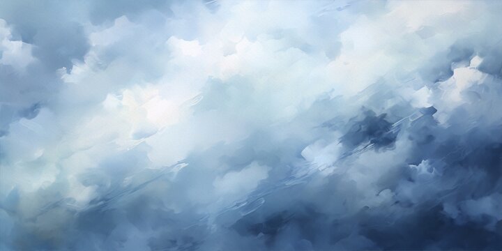 Blue and white abstract painting with a stormy sky and clouds in an impressionist style.