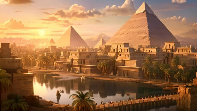 A vibrant painting capturing the iconic Pyramids of Giza against a picturesque sunset backdrop, An ancient Egyptian cityscape with pyramids and the Sphinx, AI Generated