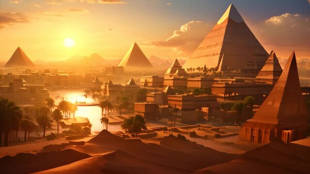 An artists depiction of the ancient Egyptian city of Giza, including the iconic pyramids and sphinx, An ancient Egyptian cityscape with pyramids and the Sphinx, AI Generated