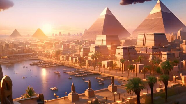 A stunning painting depicting the vibrant and ancient Egyptian city of Giza, An ancient Egyptian cityscape with pyramids and the Sphinx, AI Generated