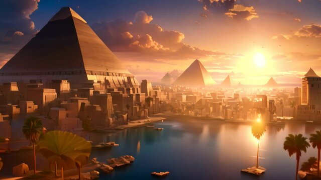 A vibrant painting capturing the majestic Pyramids of Egypt as the sun sets over the horizon, An ancient Egyptian cityscape with pyramids and the Sphinx, AI Generated