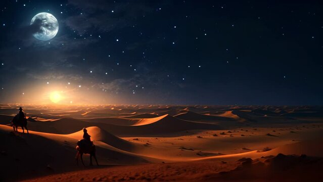 Two people embark on an adventurous journey across the desert riding on camels, illuminated by the glowing light of a full moon, An Arabian desert under a starlit night sky, AI Generated