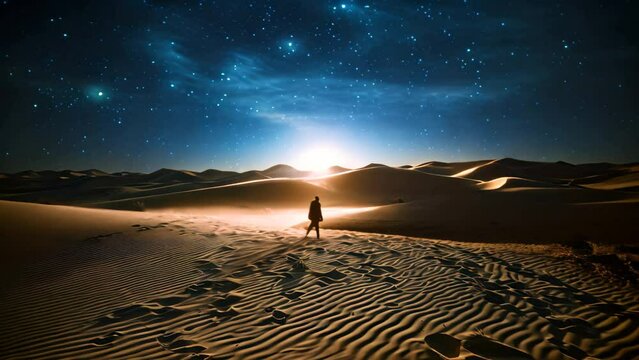 A lone figure stands in the middle of the desert, illuminated by the night sky, An Arabian desert under a starlit night sky, AI Generated