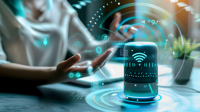 Digital and smart home concept with a woman using voice technology to control various device like a smart speaker house network connection system for remote control at an office desk background