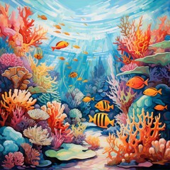 Undersea painting of a coral reef with many colorful fish swimming around in bright blue water.