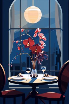 Elegant dinning room with a vase of red orchids, in the background a window and a night cityscape.