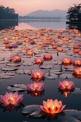 Pink lotus flowers floating on a calm lake at sunset in the Chinese style, with a focus on the beauty of nature and the tranquility of the scene.