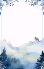 Crédence de cuisine en verre imprimé Montagnes Watercolor winter landscape with a castle, mountains and pine trees in the foreground,watercolor,painting,illustration,art
