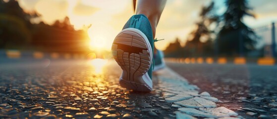 The feet of a runner running on the road close up on their shoes. Woman fitness sunrise jog workout wellness concept.