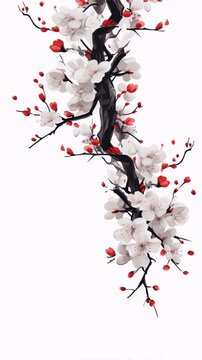 Delicate white and red cherry blossom branch with buds and petals on a white background, in a traditional Japanese sumi-e style.