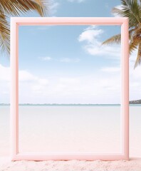Minimalist beach scene with pink frame, blue water, white sand and palm trees in background