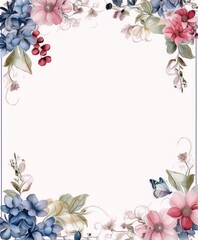 Frame of watercolor pink and blue flowers, butterfly, berries and leaves on a light background, for wedding invitations, greeting cards, posters, flyers, brochures, and web.