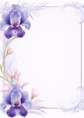 Light purple irises and pink tulips on a white background with a lined center, framed with a purple and white decorative border.