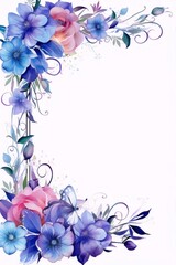 Blue and pink flowers with green leaves on a white background, watercolor, botanical, floral, art nouveau.
