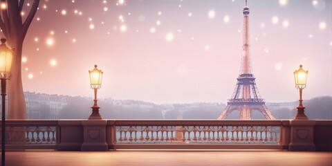 Parisian cityscape with the Eiffel Tower in the distance, glowing street lamps and a pink sky
