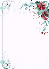 Delicate red and green floral frame with swirls on a white background, perfect for wedding invitations, save the dates, and greeting cards.