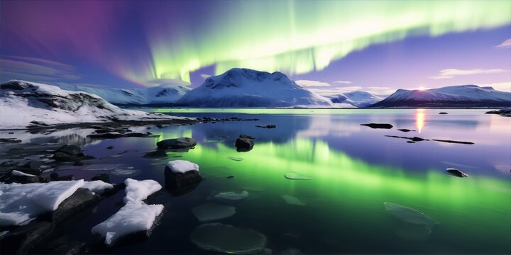 Aurora borealis over snowcapped mountains and a frozen lake at night, reflecting in the water.vibrant green and purple colors in the sky and reflected on the water surface.