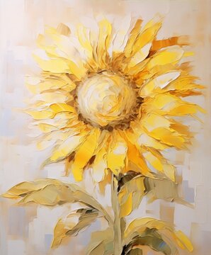 Oil painting of a bright yellow sunflower in full bloom against a pale yellow background.