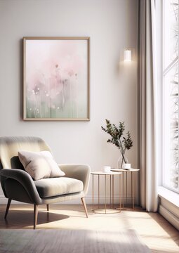 An elegant living room with a comfortable armchair, a stylish coffee table, and a beautiful painting of pink flowers in a wooden frame on the wall in the background in watercolor style.