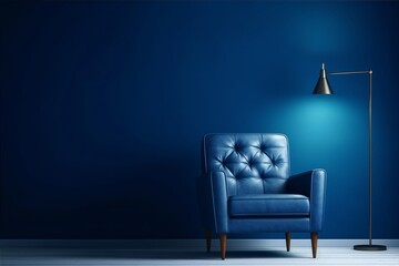 Blue retro armchair and lamp in blue room, interior design, 3d render