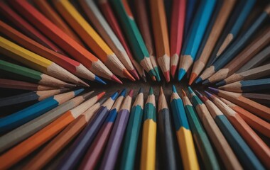 Colorful writing implements lined up on table, including pencils and crayons - Powered by Adobe