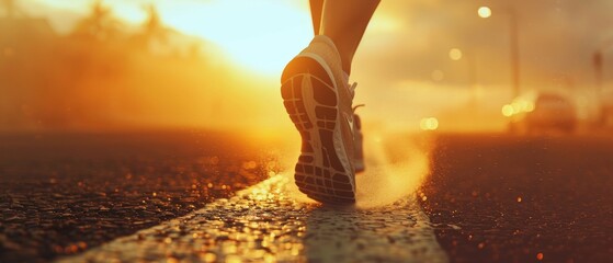 Closeup of runner woman feet running on road. Female fitness model sunrise jog workout. Sports...