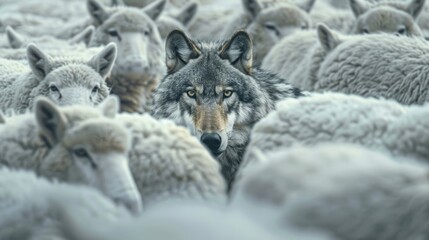 A wolf in sheep's clothing. Dangerous predator pretends to be an innocent animal. The concept of duplicity. Predatory wild cunning wolf personification of the false prophet. © Ellionn