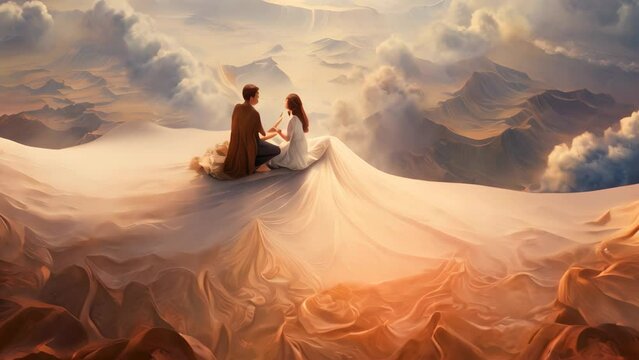 A serene painting portraying a duo of individuals seated peacefully on a hill, enjoying the view, An ethereal landscape, a couple sharing a magic carpet ride, AI Generated