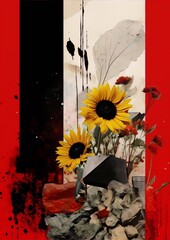 Black, white and red abstract floral collage with sunflowers, leaves and rocks