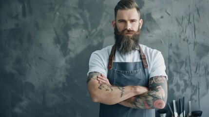 Handsome barber on a gray backdrop with crossed arms and tools in hand. Copy space for text
