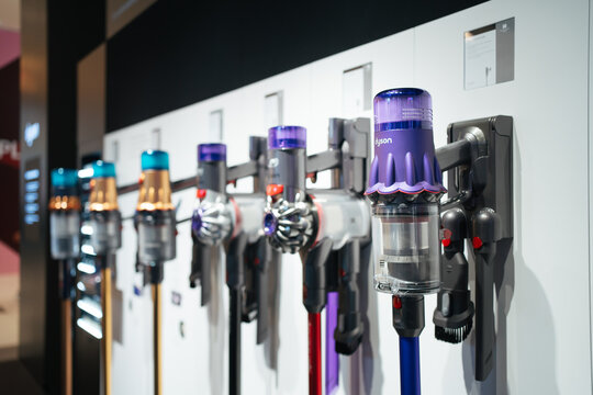 PENANG, MALAYSIA - MAR 28, 2024: Various type of latest Dyson cordless vacuum cleaners display in Dyson Concept store. Dyson digital slim cordless vacuum.