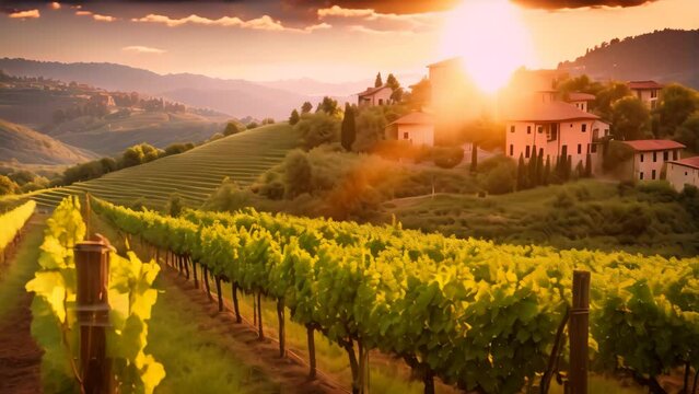 A stunning sunset paints the sky as it sinks behind a picturesque vineyard, with a charming house in the distance, An exquisite Italian vineyard under the setting sun, AI Generated