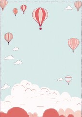 Hot air balloons in the sky with clouds in the background in pastel colors, digital art, cartoon, flat design, blue, pink, clouds, sky