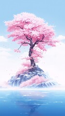 Pink cherry blossom tree on rocky island in lake with blue sky background, digital art, anime, soft colors, pink, blue, white