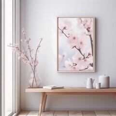 Delicate pink cherry blossoms in a glass vase on a wooden table against a white wall with a matching framed print in a simple interior space.