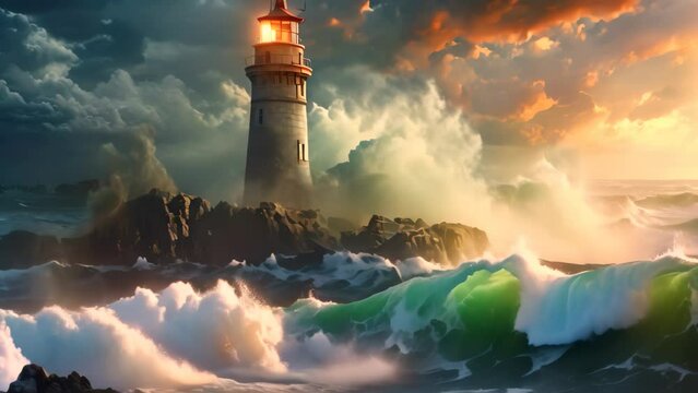 A powerful painting capturing the resilience of a lighthouse amidst raging waves in a stormy sea, An old lighthouse overlooking a stormy sea, AI Generated