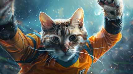 Digital art of a cat wearing a soccer jersey executing a perfect header - obrazy, fototapety, plakaty