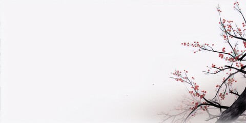 Delicate red berries on a tree branch on a white background in the style of sumi-e painting.