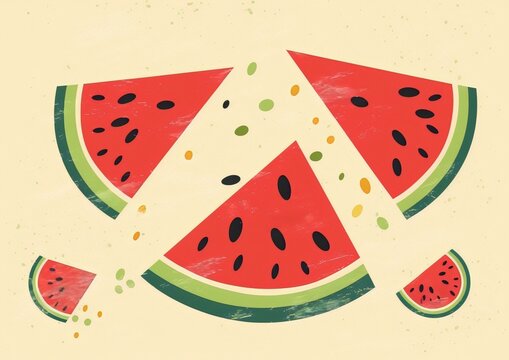 Vibrant red watermelon slices with seeds on a beige background, retro, food, flat, vector, illustration