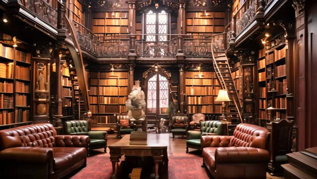 An expansive library filled with numerous bookshelves and inviting couches for readers to relax and enjoy their books, An old, traditional library filled to the brim with books, AI Generated