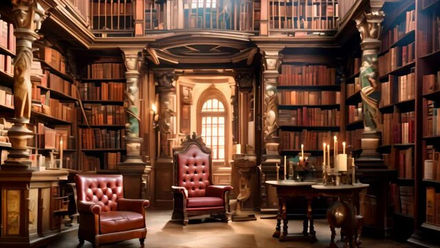 A spacious library filled with numerous bookshelves and comfortable chairs, inviting readers to explore and relax, An old, traditional library filled to the brim with books, AI Generated