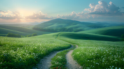 Picturesque Winding Path Through a Green Grass Field