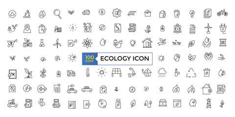 Set of thin line icons related to Ecology, environmental, ecological, recyling, green, organic, industry. Linear ecology simple symbol collection.