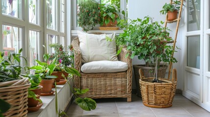 Wicker baskets and furniture in a sunroom filled with plants emphasizing the light and airy feel of natural materials