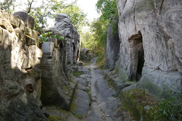 Hohlweg zu den Höhlenwohnungen am Berg der Altenburg in Langenstein bei Halberstadt in...