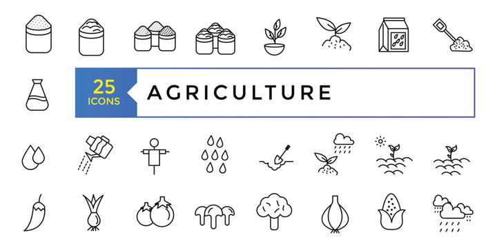 Agriculture line icon set. Innovative technologies for managing farm or agriculture. pring growth stage, seeds, seedling, drought, soil testing, agriculture vector illustration.