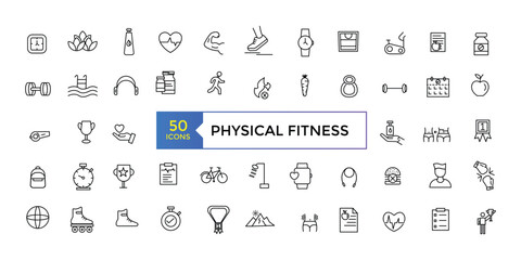 Fototapeta na wymiar Set of physical fitness icons related to wellness, wellbeing, mental health, healthcare, cosmetics, spa, medical. Outline icon collection.